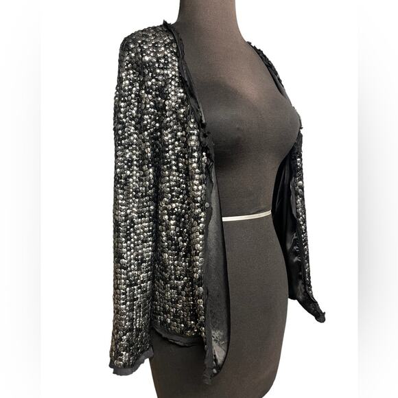 Milly of New York Silk Sequin Black Silver Evening Jacket 10 Whimsigoth Mobwife - Picture 1 of 6